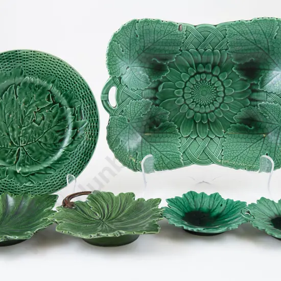Six Various Leaf Moulded Green Glaze Dishes