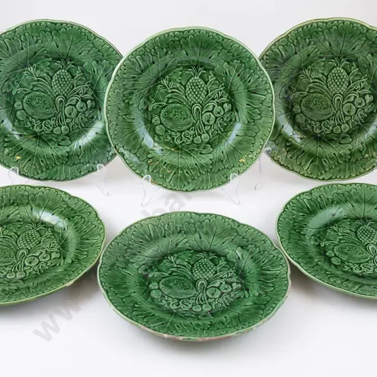 Set Six Leaf Moulded Green Glaze Plates