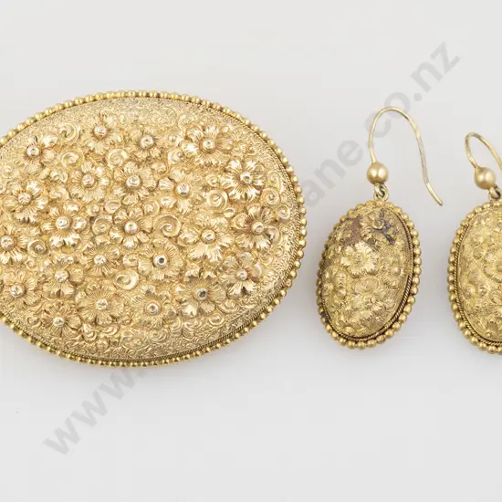Victorian Ornate Floral Silver Gilt Brooch & Earrings