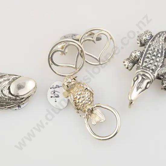 Silver Crocodile Brooch with two silver brooches & two pair earrings