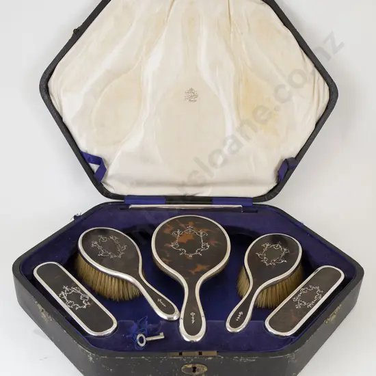 Cased Geo V S/S & Tortoiseshell Six Piece Dressing Table Set