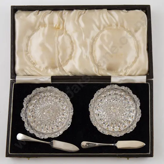 Cased Pair Glass Butter Dishes With S/S Knives