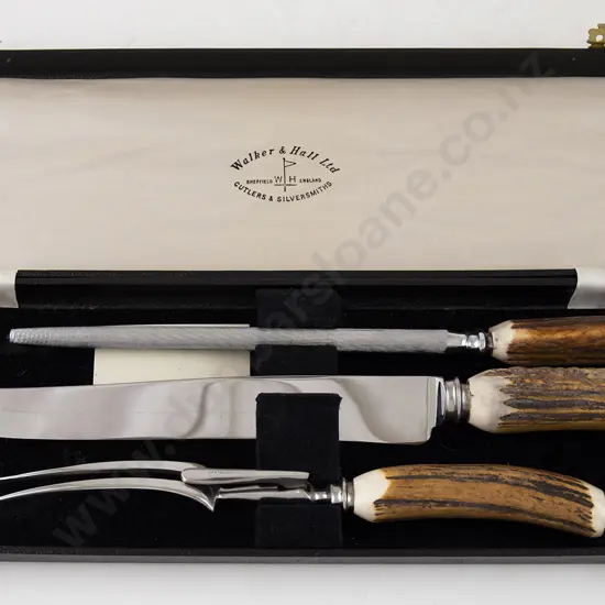 Three Piece Antler Handled Carving Set By Walker & Hall