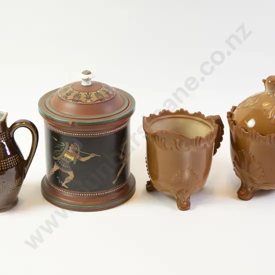 Terracotta Tobacco Jar with Jug & Moulded Glass Sugar & Cream