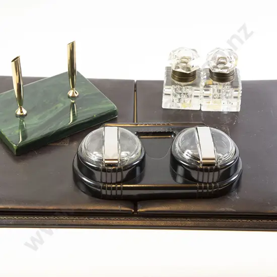 Two Desk Stands with Pair Ink Wells & Desk Pad