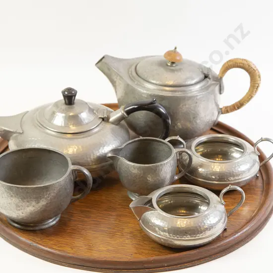 Two English Pewter Teasets on Oak Tray