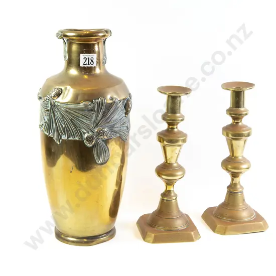 Pair Ejector Brass Candlesticks & Vase