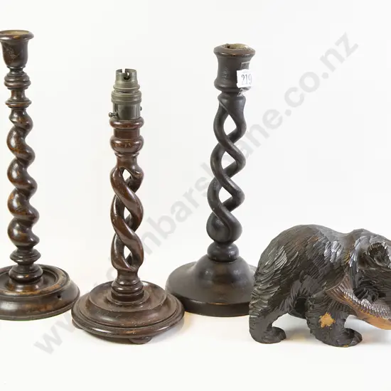 Two Barley Twist Candlesticks with Table Lamp & Bear