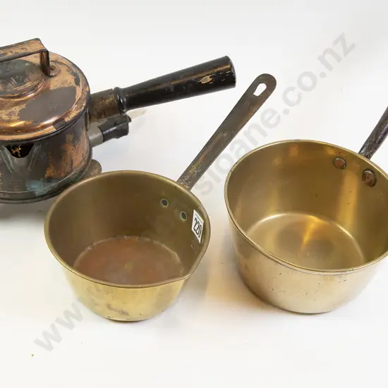 Two Brass Saucepans & Copper Electrified Pan