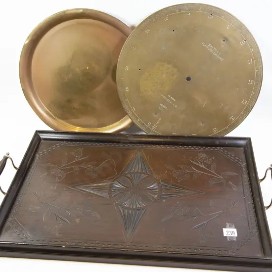 Early C20th Carved Wooden Tray with two brass trays & Slaters Scale Face