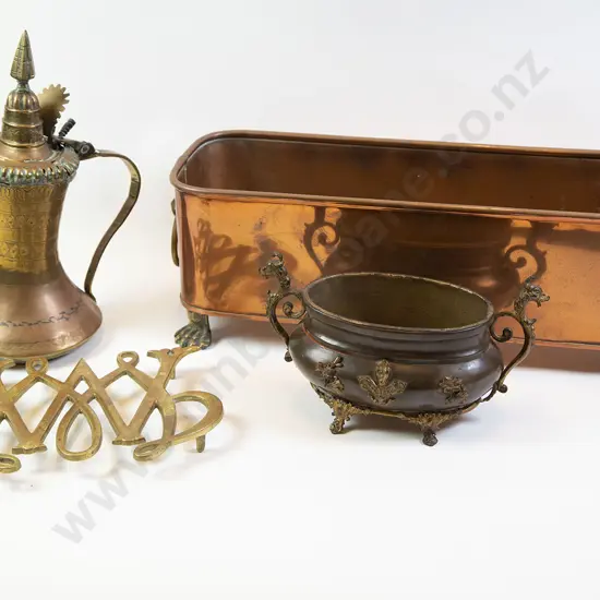 Copper Planter with Antique Coffee Pot & Other