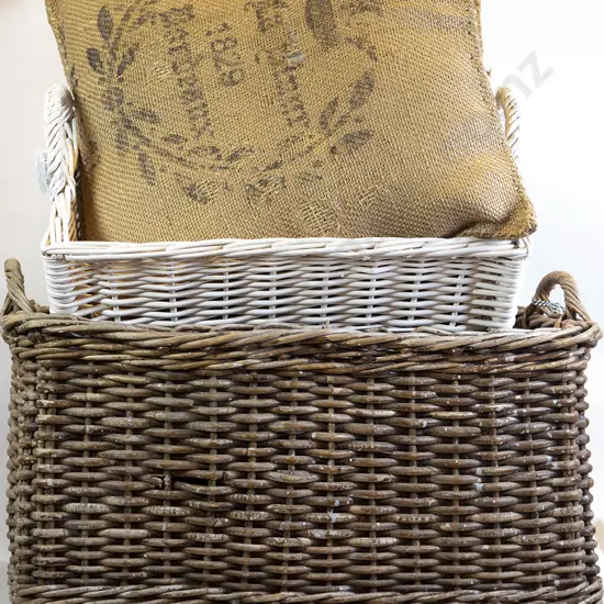 Two Cane Baskets with Two Sack Pillows