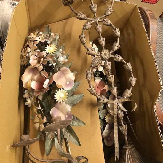 New Pair Floral Metal Candle Sconces & Stand (Af)