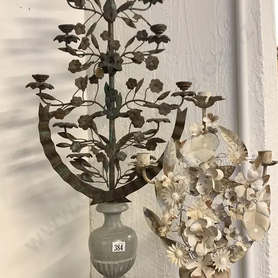 Two Painted Wrought Metal Flower Displays/Candleholders