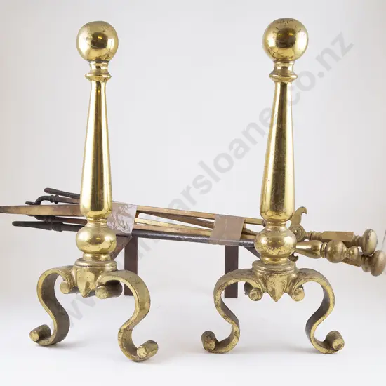 Four Brass Fire Irons & Pair Andirons