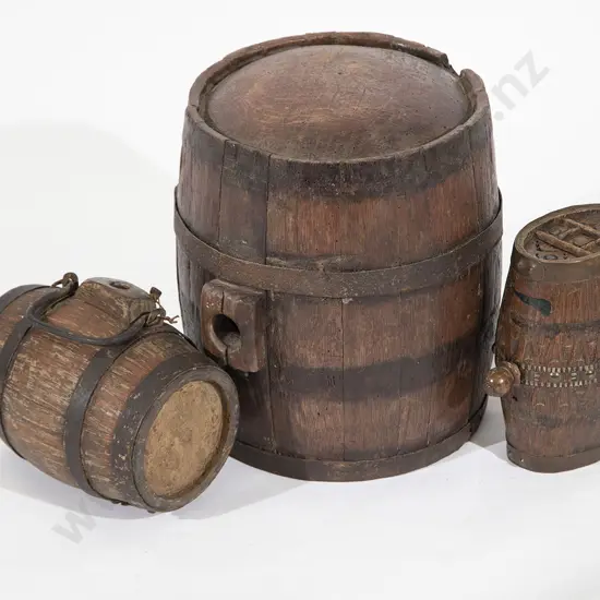 Three Small Coopered Oak Barrels