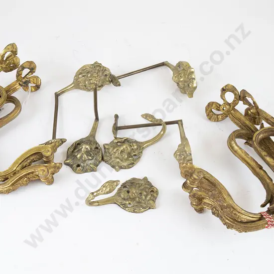 Set Four Ormolu Curtain Tie Backs and six gilt metal lion mask hooks