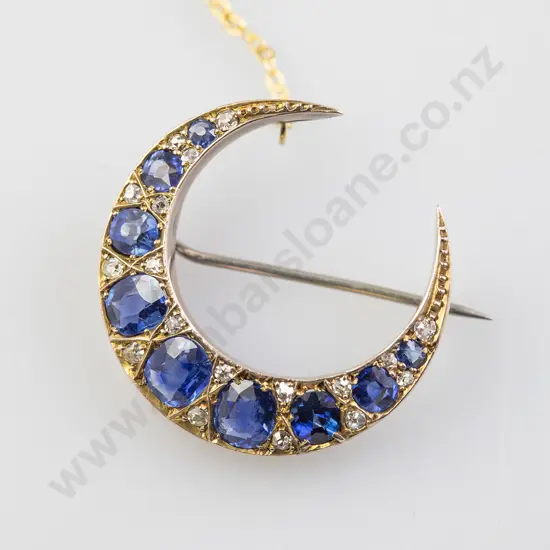 Victorian 18ct & 9ct Nine Stone Sapphire and Diamond Crescent Brooch