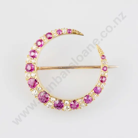 Victorian 18ct & 9ct Ruby & Diamond Crescent Brooch