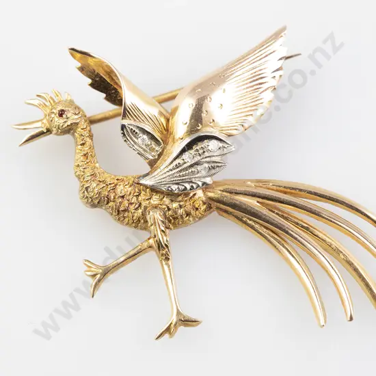 14ct Yellow and White Phoenix Bird Brooch