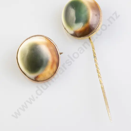 NZ Colonial 9ct Mounted Cats Eye Stick Pin and Brooch