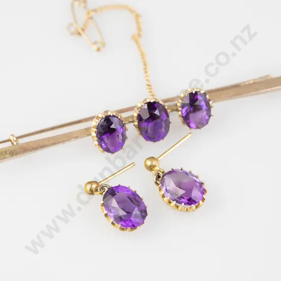 Edwardian 9ct Three Stone Amethyst Bar Brooch and Earrings