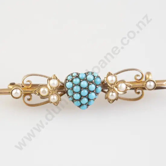 Victorian 9ct Turquoise and Seed Pearl Bar Brooch