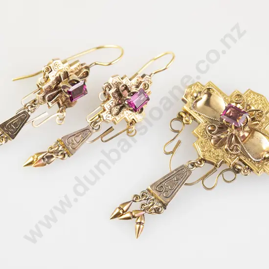 Victorian 9ct Amethyst Brooch and Pair Matching Earrings
