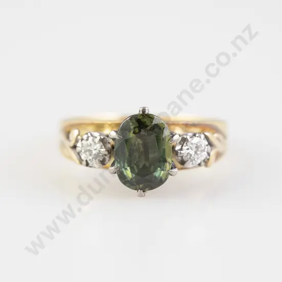 18ct Three Stone Green Sapphire & Diamond Bridge Ring