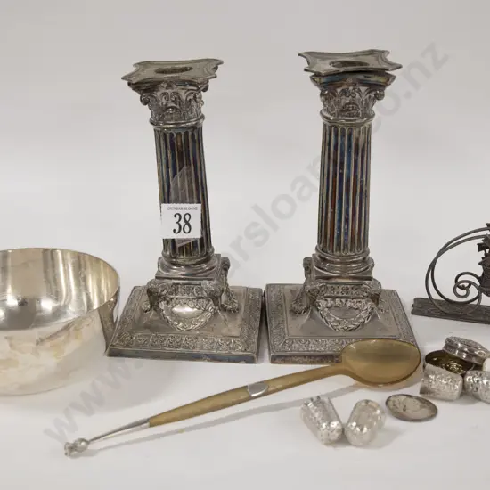 Pair of S/P Candlesticks Together With Assorted Thimbles And S/S Items Etc.