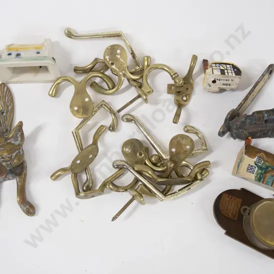 Small Box Of Assorted Including Brass Doorknockers And Coat Hooks Etc.