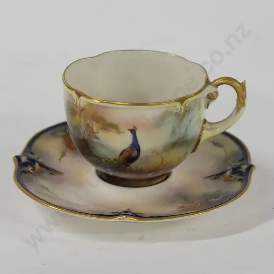 Royal Worcester Hand-Painted Cup With Peacock Decoration Together With Associated Saucer
