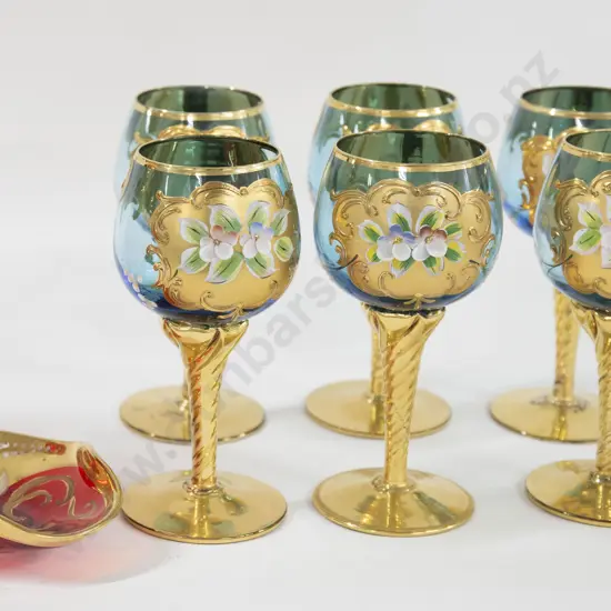 Six Venetian Wine Glasses And Other (Glass Jar*) And Dish