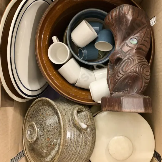 Box Of Crockery And Wooden Tiki Ornaments
