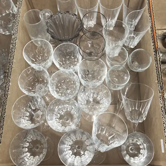 Two Boxes Of Assorted Glass And Crystal Drinking Glasses