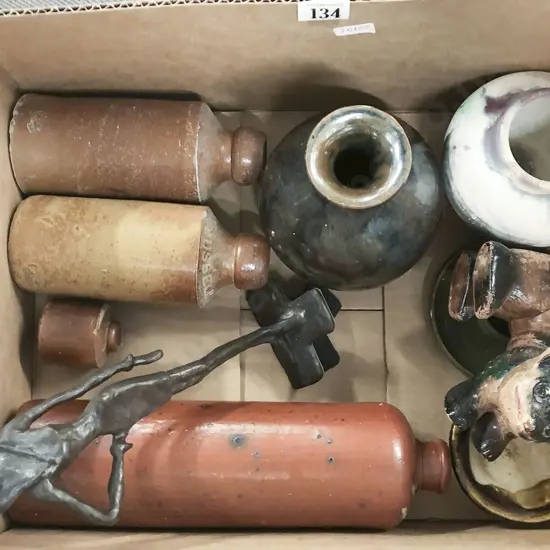 Box Of Assorted Pottery And NZ Stoneware Bottles