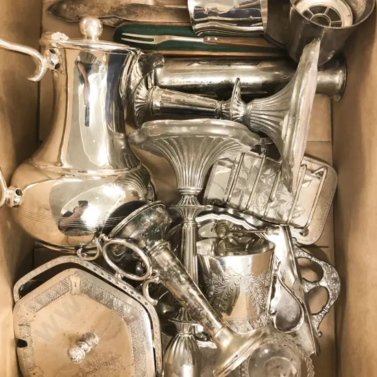 Box Quantity Of Assorted Silver Plate Including Candlesticks