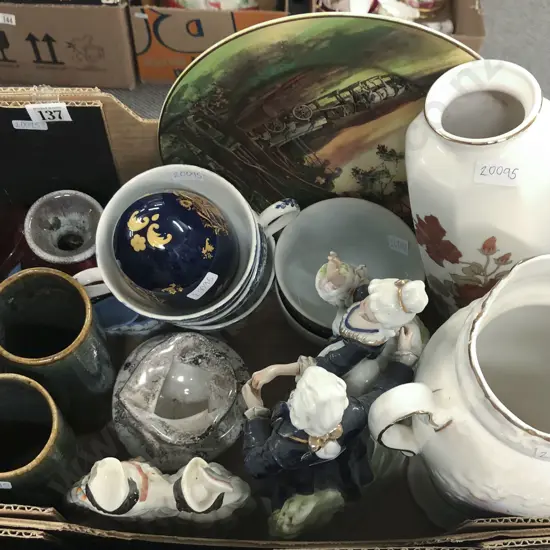 Box Of Assorted Including Figure Groups And Pottery With Vases Etc.