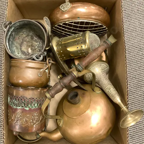 Box Of Copper And Brassware Including Small Planters