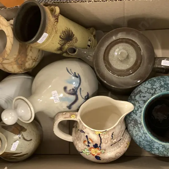 Box Of Assorted Stoneware And Pottery Including Coffee Pots And Flagons Etc.
