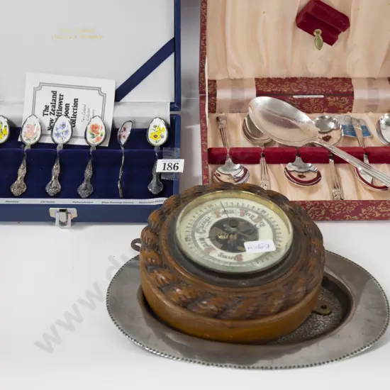Two Box Sets Of Cutlery Together With Barometer And Pewter Tray