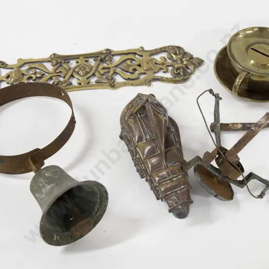 Small Assortment Of Copper And Brassware Including Ship Form Doorknocker And Cup And Saucer Money Box