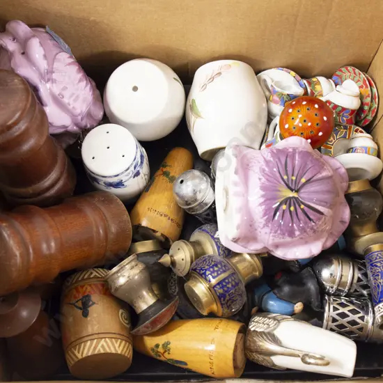 Box Of Assorted Condiments Including Cloisonné Salt And Pepper Etc.