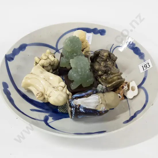 Quantity Of Assorted Asian Ornaments Including Jade-Style Temple Dogs Etc.