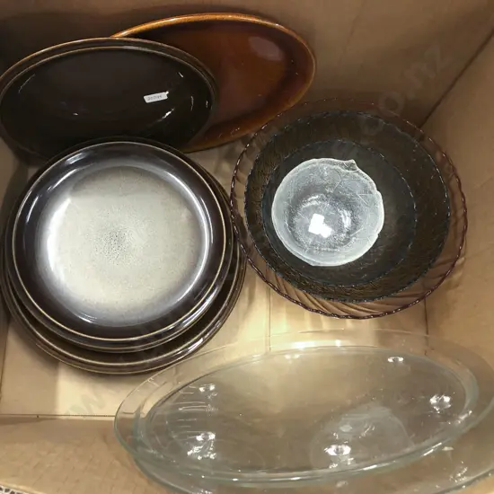 Box Of Assorted Stoneware Plates And Glass Serving Ware