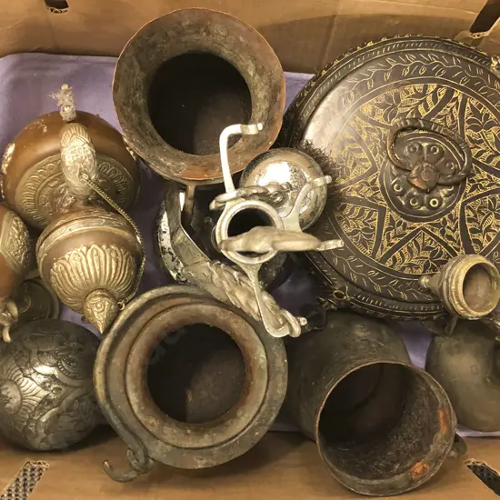 Box Of Assorted Metalware Including Planter