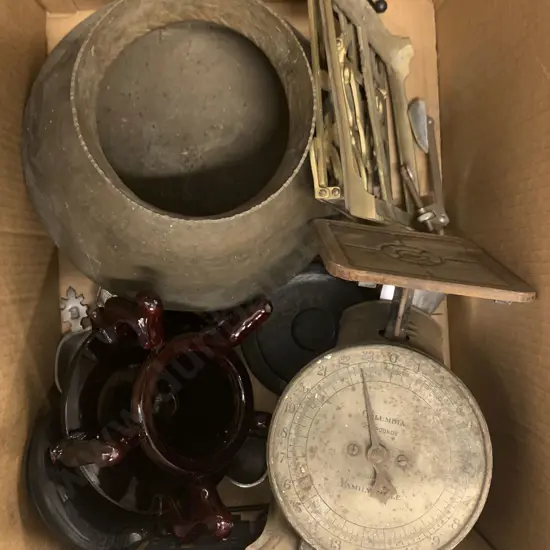 Box Of Assorted Metalware And Plant Stands Etc.