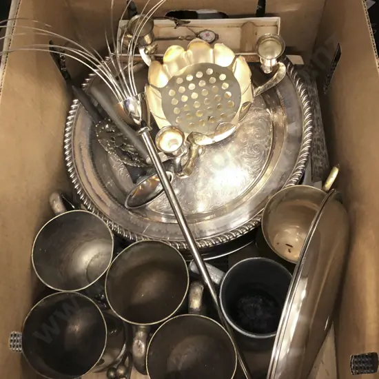 Box Of Assorted Silver Plate Including Trays And Tankards