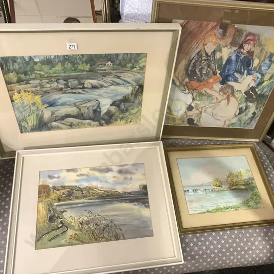 Three W/C Landscape and Frances Hodgkins Print