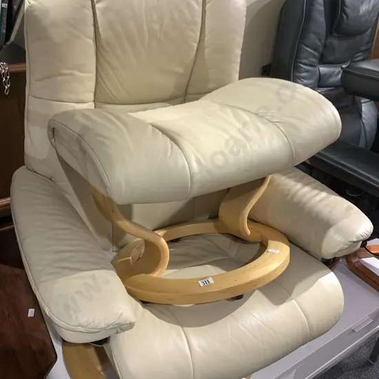 Modern Cream Leather Armchair and Footstool